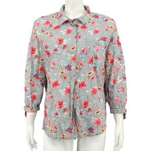 Sanctuary Top Womens XS‎ Gray Pink Stripe Floral Button Up Sheer Tie Cuffs Boho